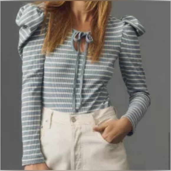 Anthropologie Tops - Anthropologie Porridge Puff Sleeve Tie Front Sky Blue White Top Size Medium NWT